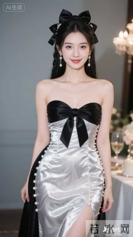 黑色亮面吊带裙，蝴蝶结与珍珠装饰，甜酷又亮眼