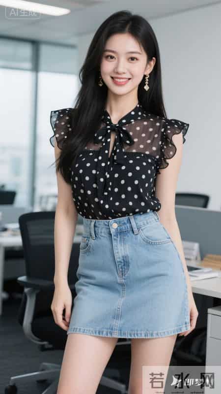 波点雪纺衬衫，搭配浅色牛仔裙，甜美又灵动