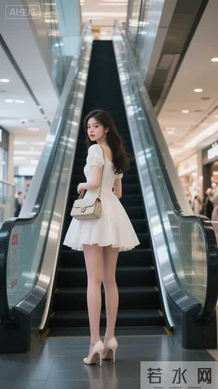 白裙与扶梯光：把商场的飒与公主裙的甜写成梯间诗