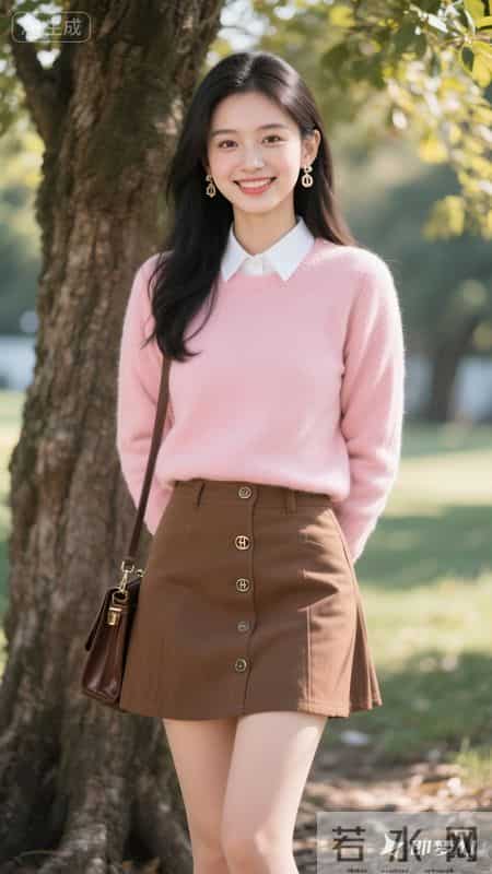 粉糯针织衫配棕色皮裙，元气又温柔的秋日穿搭