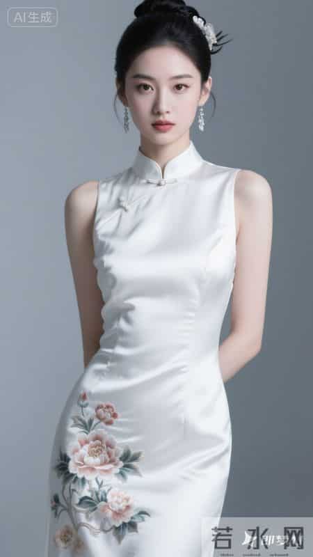 缎面旗袍绣繁花，立领高开叉，在回廊间邂逅东方雅致