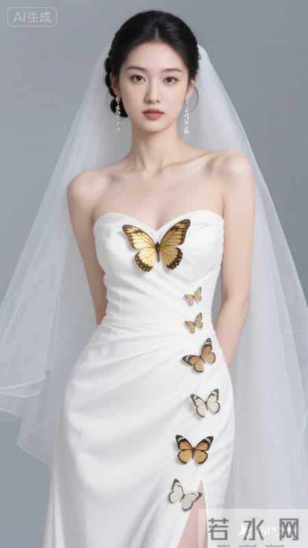 一袭抹胸白裙缀满金蝶，清冷又尽显优雅韵味