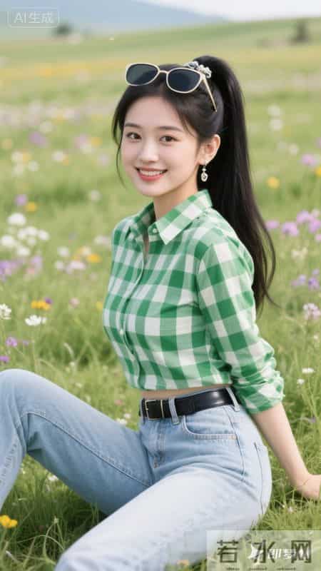 绿白格纹衬衫配高腰牛仔裤，置身开满野花的草原，清新活力又治愈