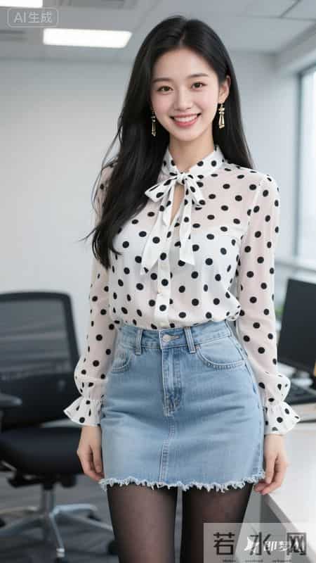 波点雪纺衬衫，搭配浅色牛仔裙，甜美又灵动