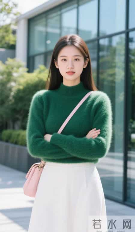 阳光下的绿毛衣与白裙子