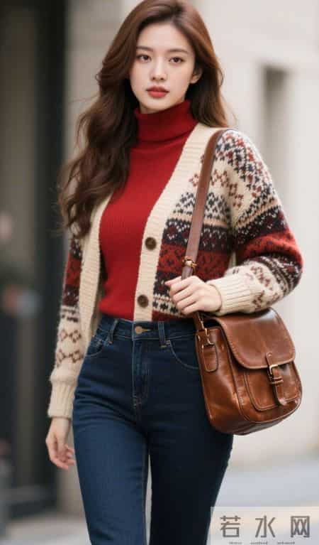 菱格图案毛衣与牛仔裤