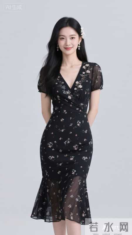 V领碎花连衣裙，鱼尾裙摆，清新又显身材