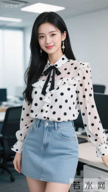 波点雪纺衬衫，搭配浅色牛仔裙，甜美又灵动