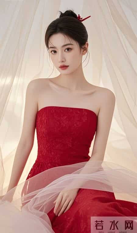 暖光里的抹胸红裙,裹着半透的纱,眉眼间的温柔能把人化在春日里