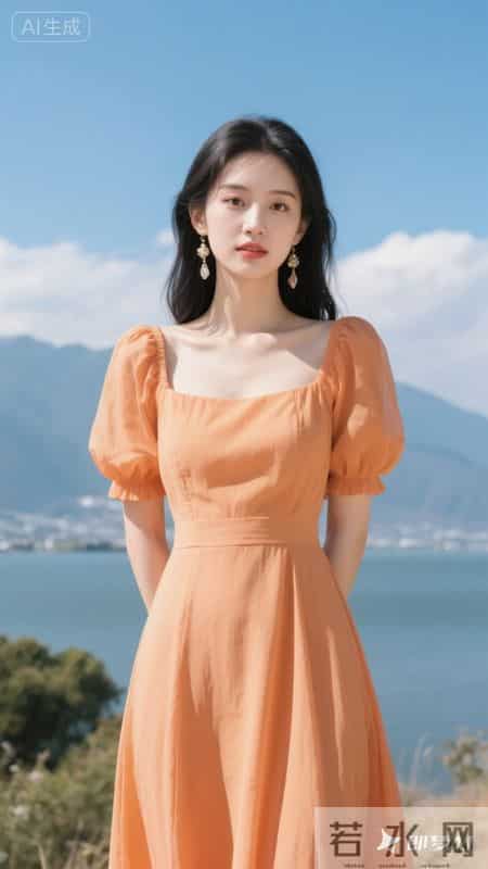 暖橘色方领泡泡袖连衣裙，清新又元气