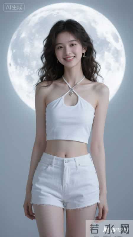 白色挂脖吊带搭牛仔短裤,冷白皮衬得清爽,纯欲又利落