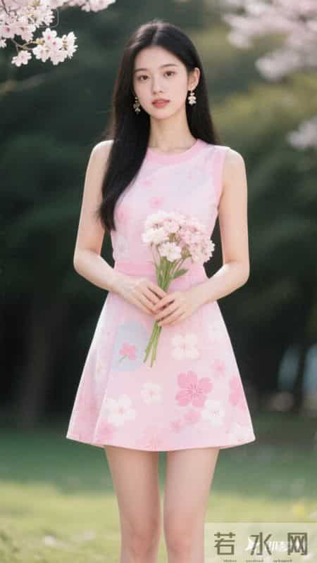 粉色连衣裙，樱花元素点缀，清新又甜美