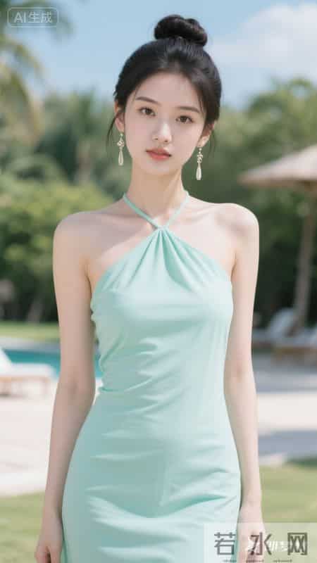 薄荷绿挂脖开叉长裙，清新又飘逸