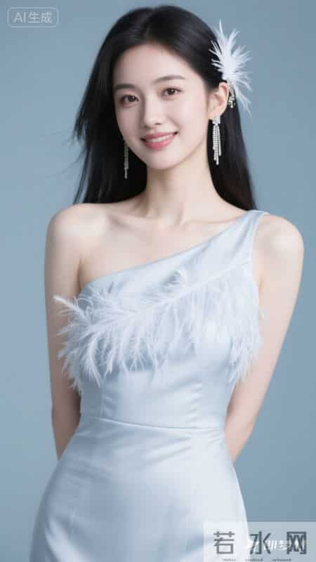 斜肩裙饰羽毛,缎面质感高级,温柔又显气质
