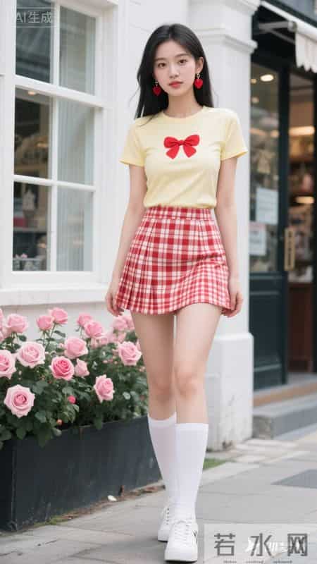 黄色短袖搭格纹短裙，青春又有活力