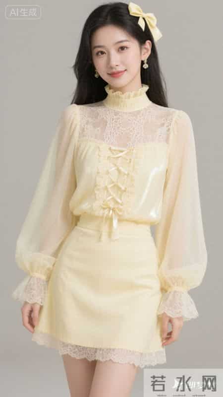 淡黄蕾丝配蝴蝶结，甜妹风拉满，温柔又显气质