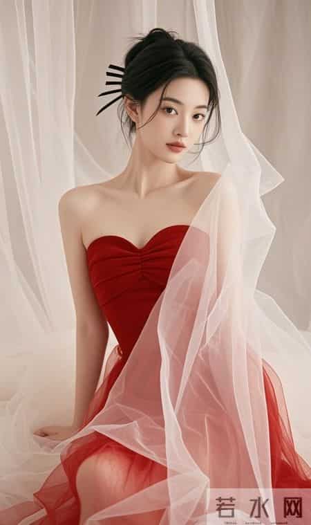 暖光里的抹胸红裙,裹着半透的纱,眉眼间的温柔能把人化在春日里