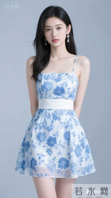 蓝底碎花吊带裙清新治愈，A字裙摆活力无限