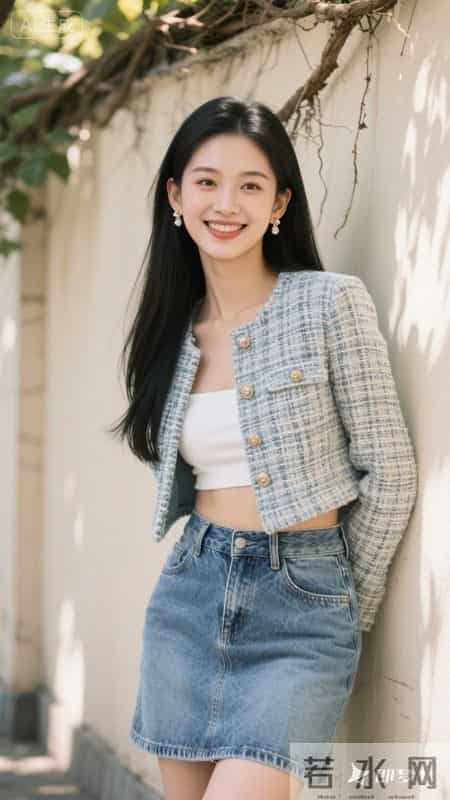 小香风外套配牛仔裙，在斑驳光影里，把优雅和随性穿在身上