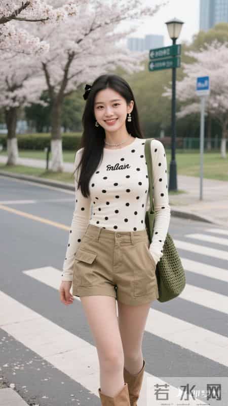 白底黑点上衣,搭配卡其色工装短裤利落显腿长,甜酷感拉满