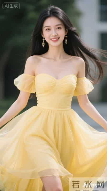 穿着淡黄色一字肩纱裙，裙摆轻盈飘逸，在草地上奔跑，清新又好看