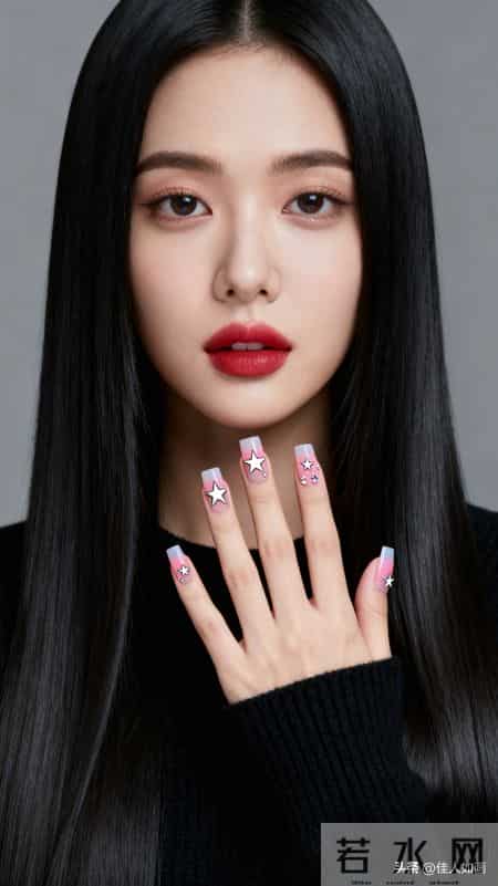 黑毛衣+渐变粉美甲，极简风也能美到发光