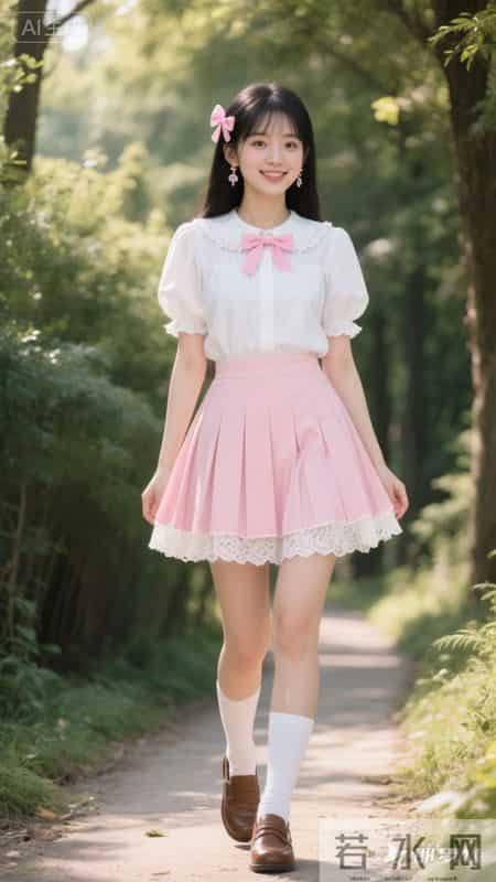 娃娃领衬衫+粉百褶裙,林间漫步,把可爱穿在身上