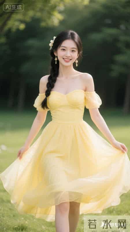 穿着淡黄色一字肩纱裙，裙摆轻盈飘逸，在草地上奔跑，清新又好看