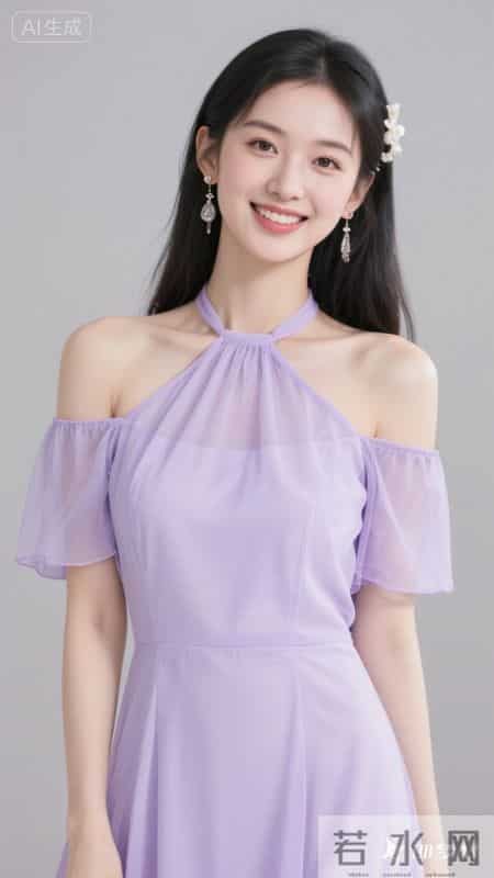 挂脖露肩设计连衣裙，薄纱材质自带通透感