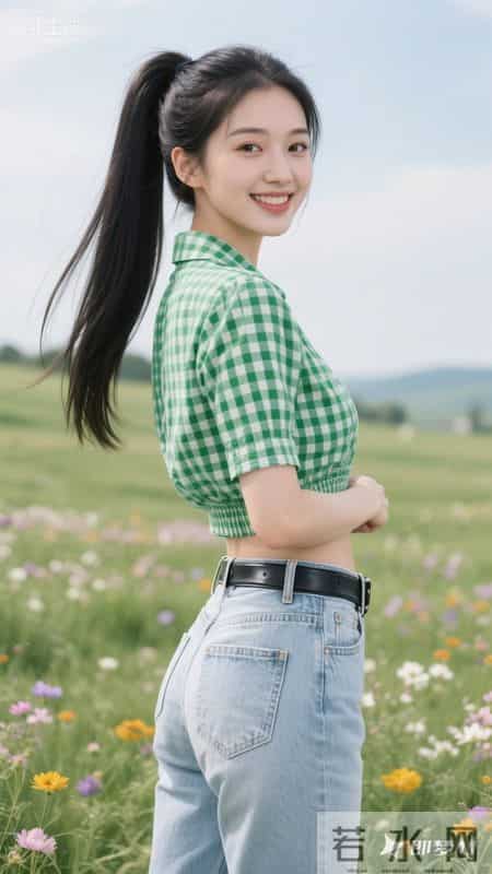绿白格纹衬衫配高腰牛仔裤，置身开满野花的草原，清新活力又治愈