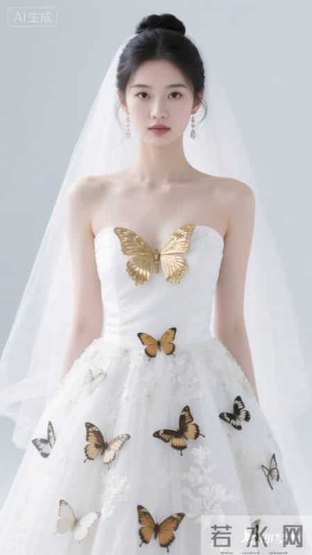 一袭抹胸白裙缀满金蝶，清冷又尽显优雅韵味