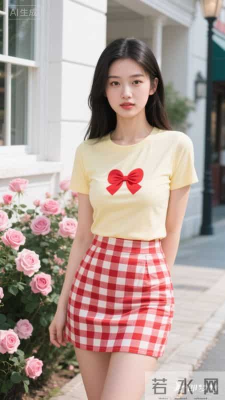 黄色短袖搭格纹短裙，青春又有活力