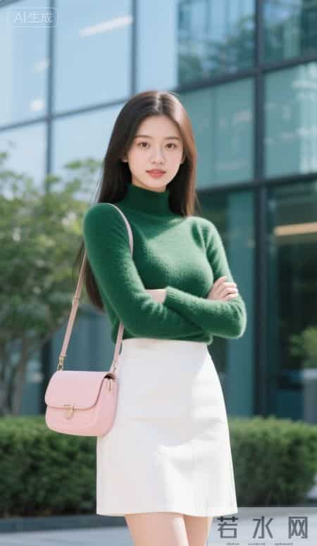 阳光下的绿毛衣与白裙子