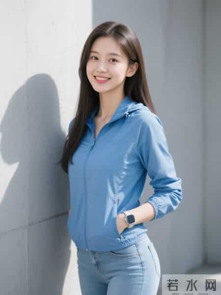 光影下的蓝色冲锋衣与牛仔裤