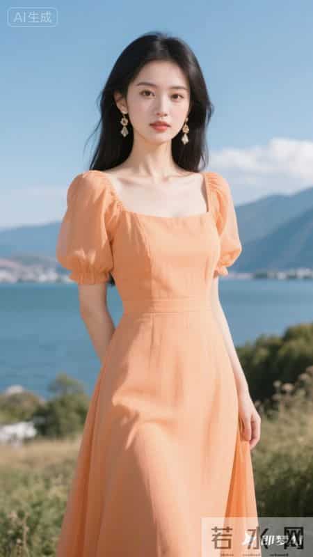 暖橘色方领泡泡袖连衣裙，清新又元气