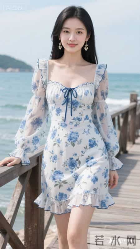 蓝白碎花方领连衣裙,泡泡袖+荷叶边设计,清新又显气质