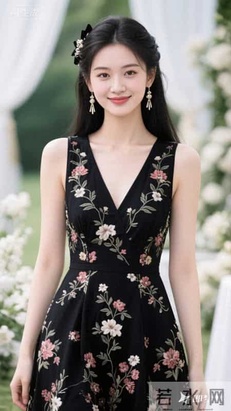 繁花缀满黑裙,温柔又明艳,在花墙前,氛围感直接拉满