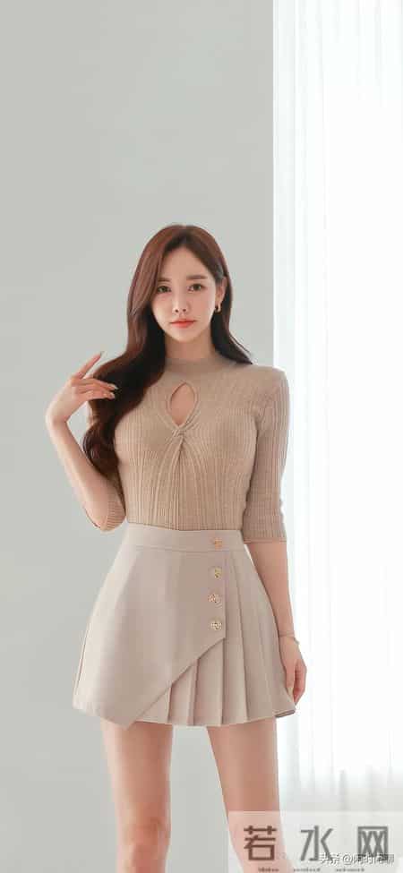 浅杏镂空针织配百褶短裙，不对称剪裁金扣点睛。