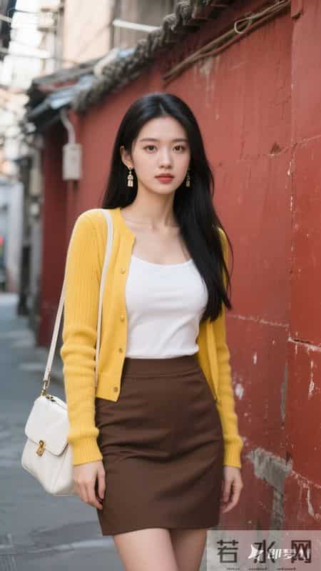 明黄针织开衫搭配白背心与棕短裙，活力又温柔