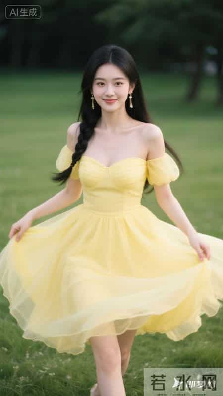 穿着淡黄色一字肩纱裙，裙摆轻盈飘逸，在草地上奔跑，清新又好看