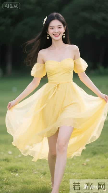 穿着淡黄色一字肩纱裙，裙摆轻盈飘逸，在草地上奔跑，清新又好看