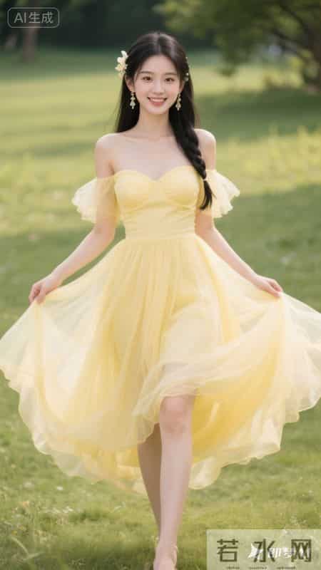 穿着淡黄色一字肩纱裙，裙摆轻盈飘逸，在草地上奔跑，清新又好看