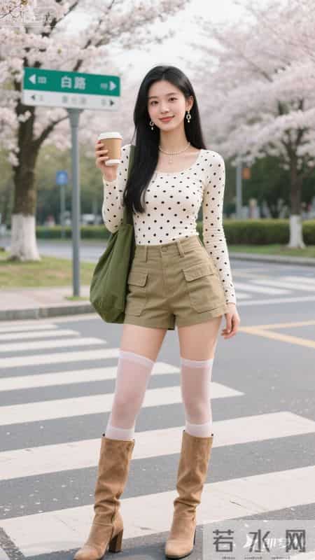 白底黑点上衣,搭配卡其色工装短裤利落显腿长,甜酷感拉满