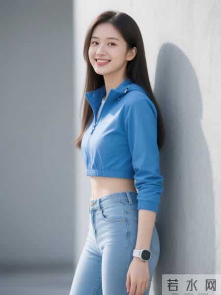 光影下的蓝色冲锋衣与牛仔裤