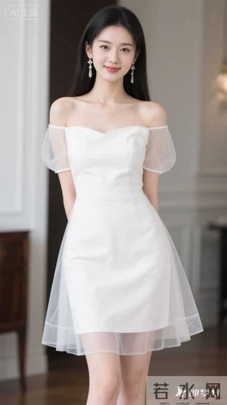 一字肩网纱连衣裙，薄袖轻透，裙摆灵动，尽显温柔优雅的气质