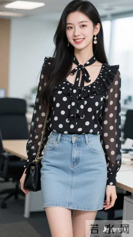 波点雪纺衬衫，搭配浅色牛仔裙，甜美又灵动