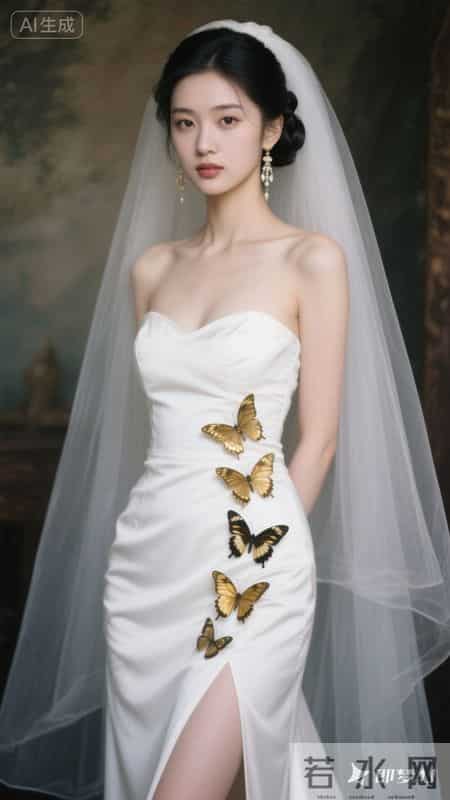 一袭抹胸白裙缀满金蝶，清冷又尽显优雅韵味