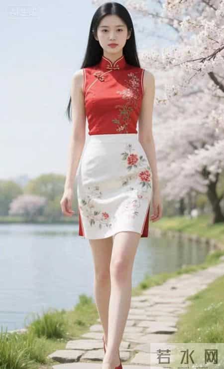 新中式风格设计衣服美女 穿梭在樱花盛开地方