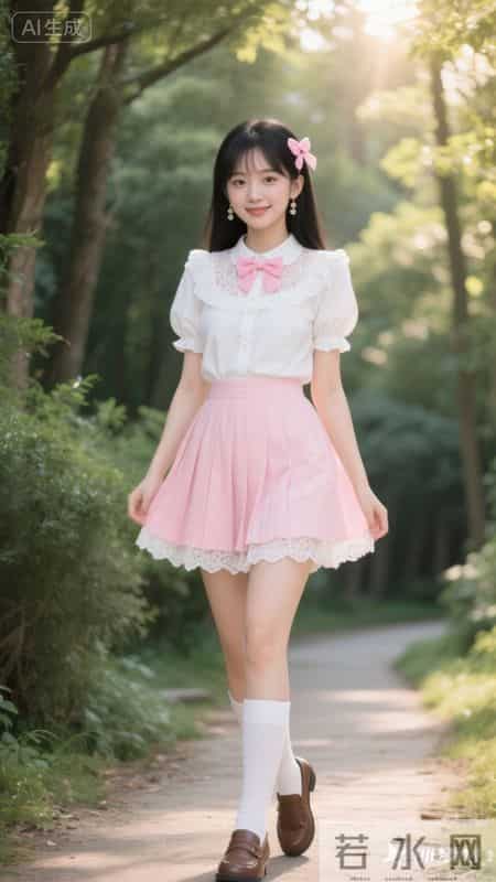 娃娃领衬衫+粉百褶裙,林间漫步,把可爱穿在身上