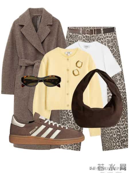 早春穿搭灵感配色方案:嫩黄 + 棕色-灰色 = 温柔高级感